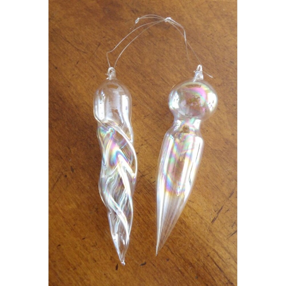Lot 2 Handblown Clear Thin Glass Iridescent Christmas Tree Ornament Icicle 4.75" - Picture 1 of 13